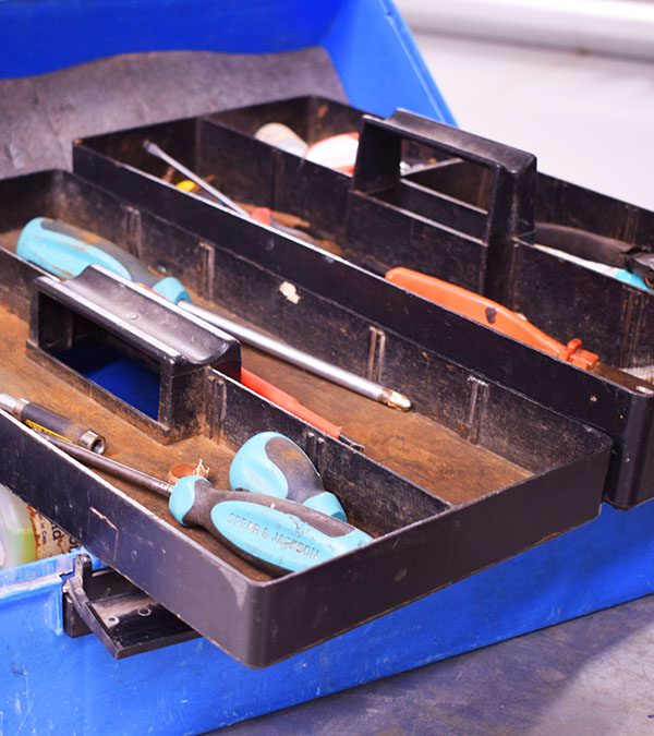 Gas engineers blue toolbox with lift out tray displayed on top